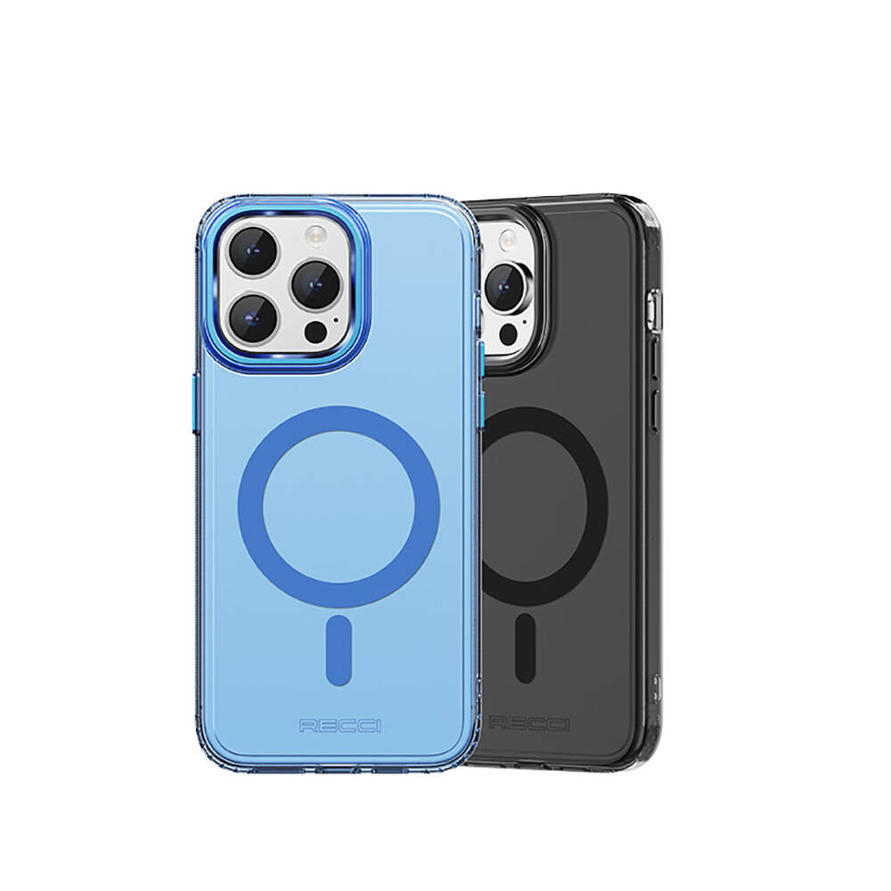 Apple iPhone 15 Pro Max Kılıf M-safe Şarj Özellikli Saydam Arka Yüzey Recci Crystal Color Serisi Kapak Mavi