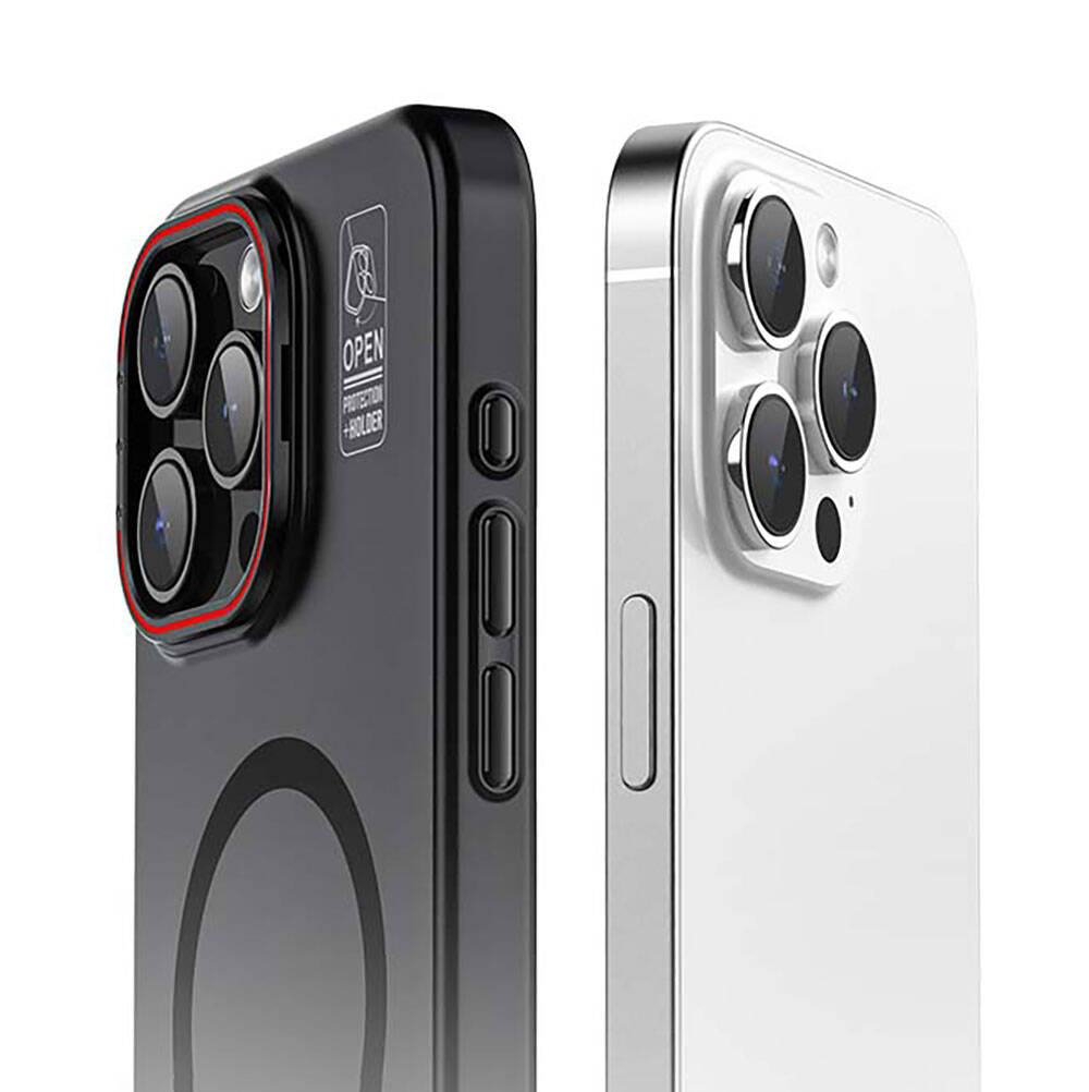 Apple iPhone 15 Pro Max Kılıf M-safe Şarj Özellikli Standlı Metal Kamera Çerçeveli Mat Recci Glaze Serisi Kapak Beyaz