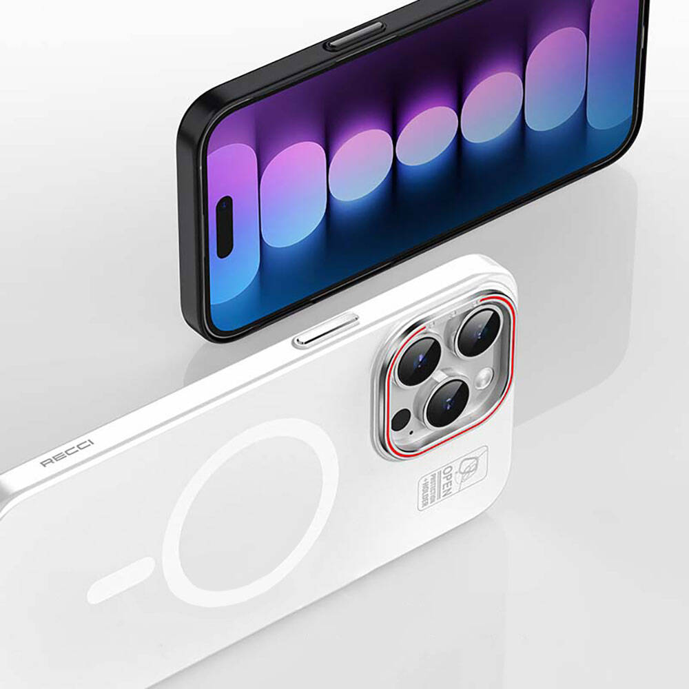 Apple iPhone 15 Pro Max Kılıf M-safe Şarj Özellikli Standlı Metal Kamera Çerçeveli Mat Recci Glaze Serisi Kapak Beyaz