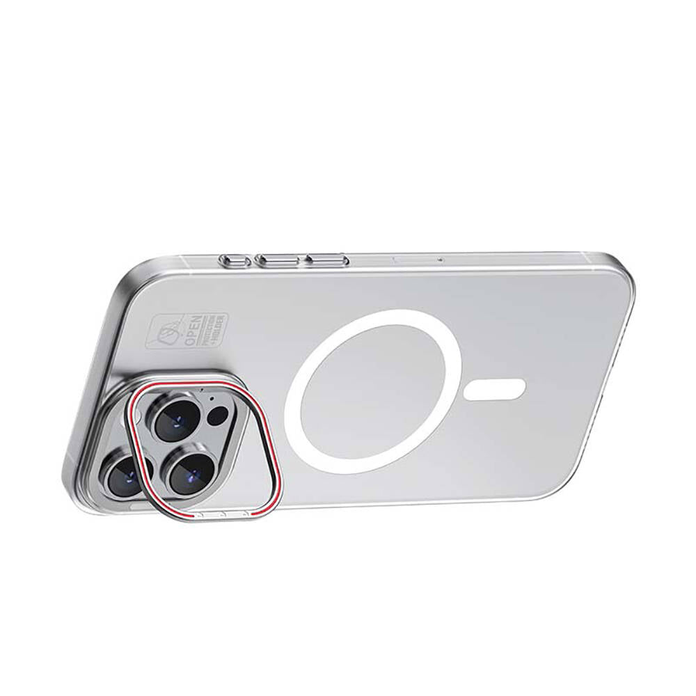 Apple iPhone 15 Pro Max Kılıf M-safe Şarj Özellikli Standlı Metal Kamera Çerçeveli Mat Recci Glaze Serisi Kapak Beyaz