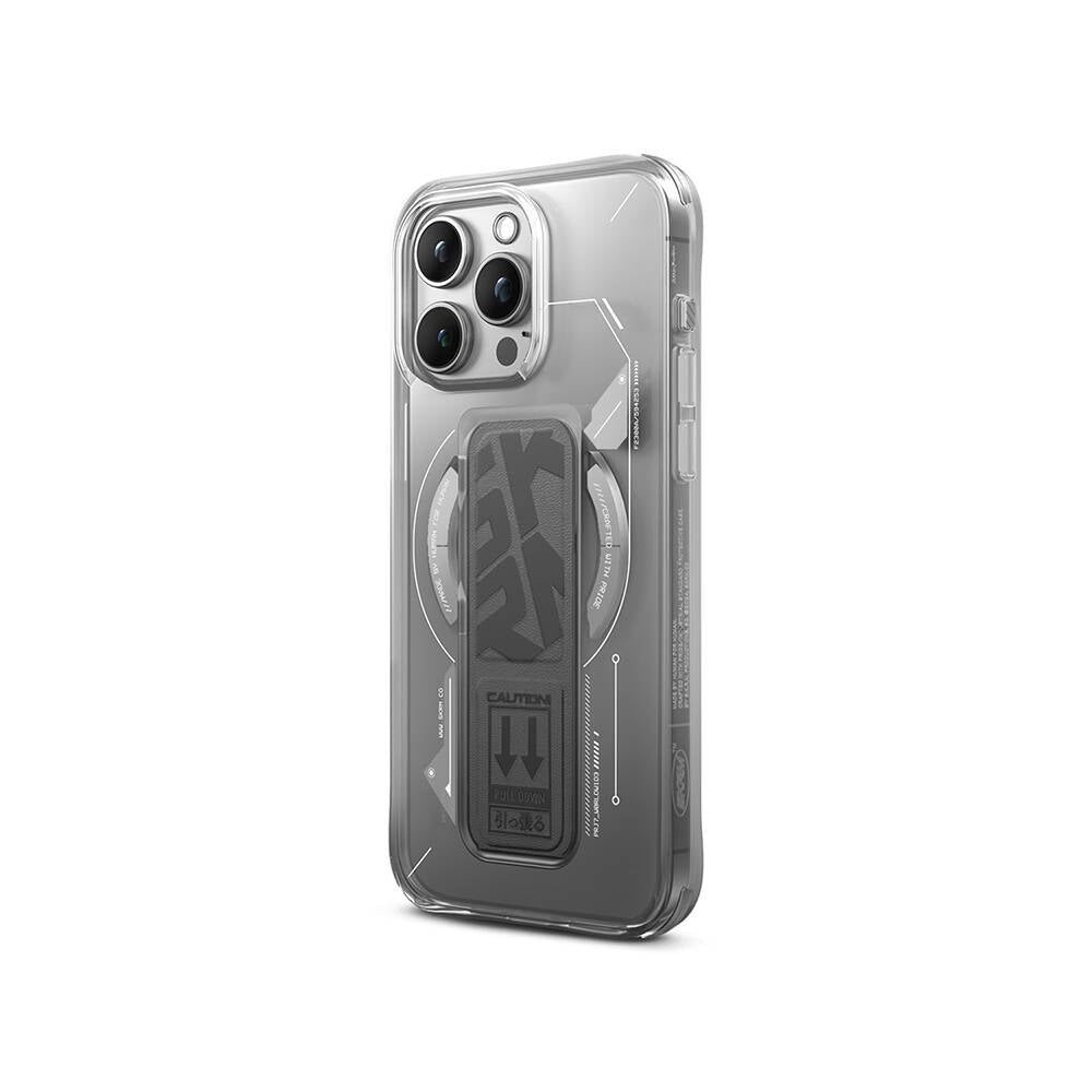 Apple iPhone 15 Pro Max Kılıf M-safe Şarj Özellikli Teknoloji Desenli Standlı Skinarma Helio Kapak Gri