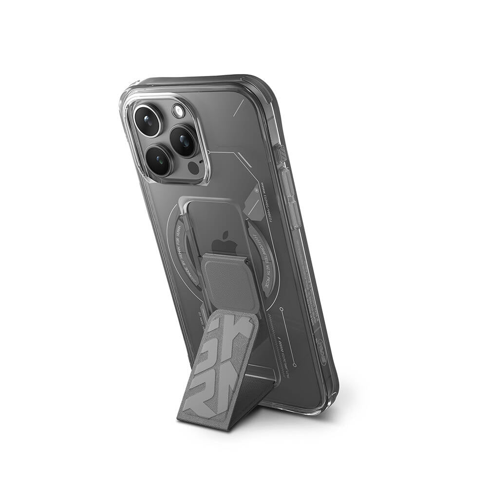 Apple iPhone 15 Pro Max Kılıf M-safe Şarj Özellikli Teknoloji Desenli Standlı Skinarma Helio Kapak Gri