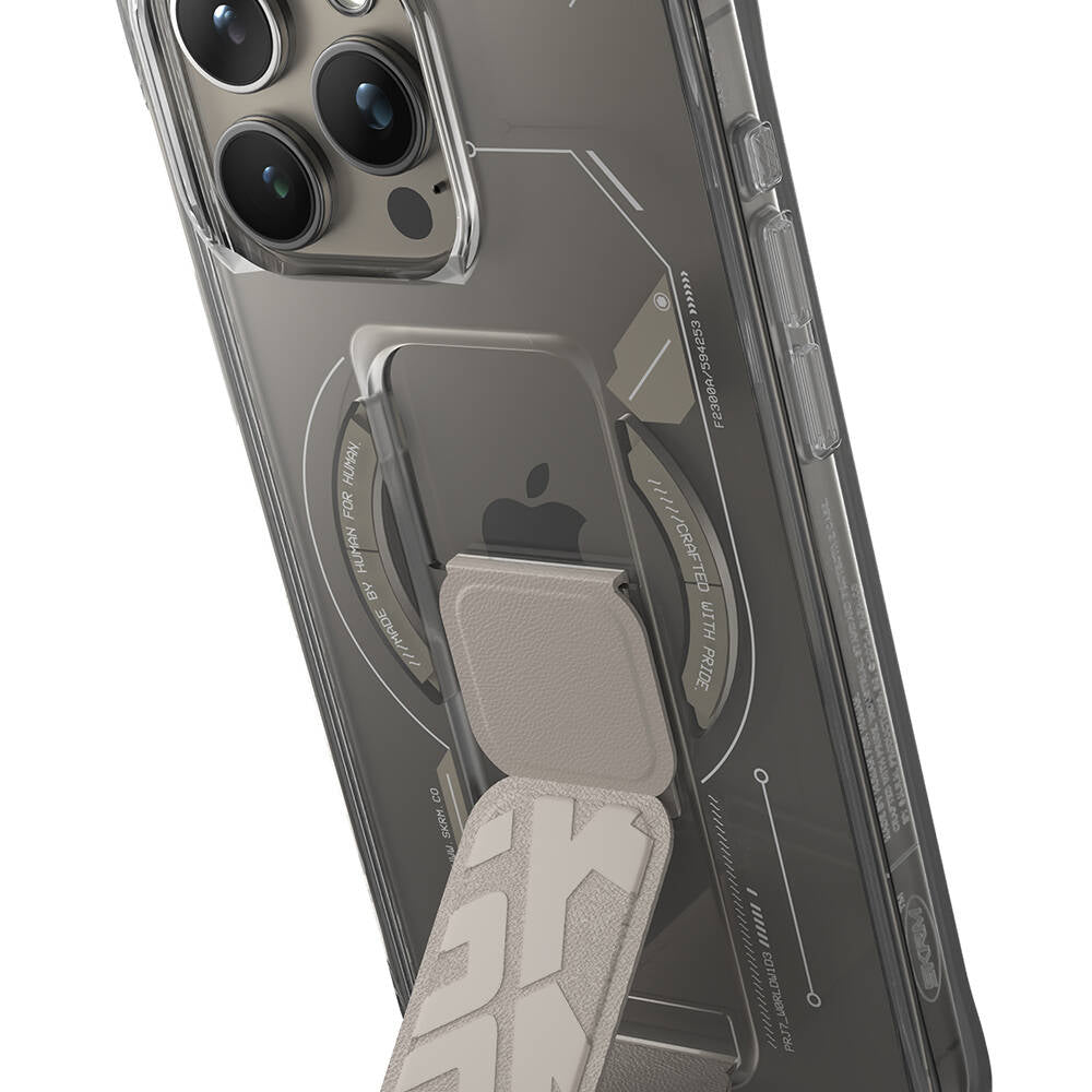 Apple iPhone 15 Pro Max Kılıf M-safe Şarj Özellikli Teknoloji Desenli Standlı Skinarma Helio Kapak Gri