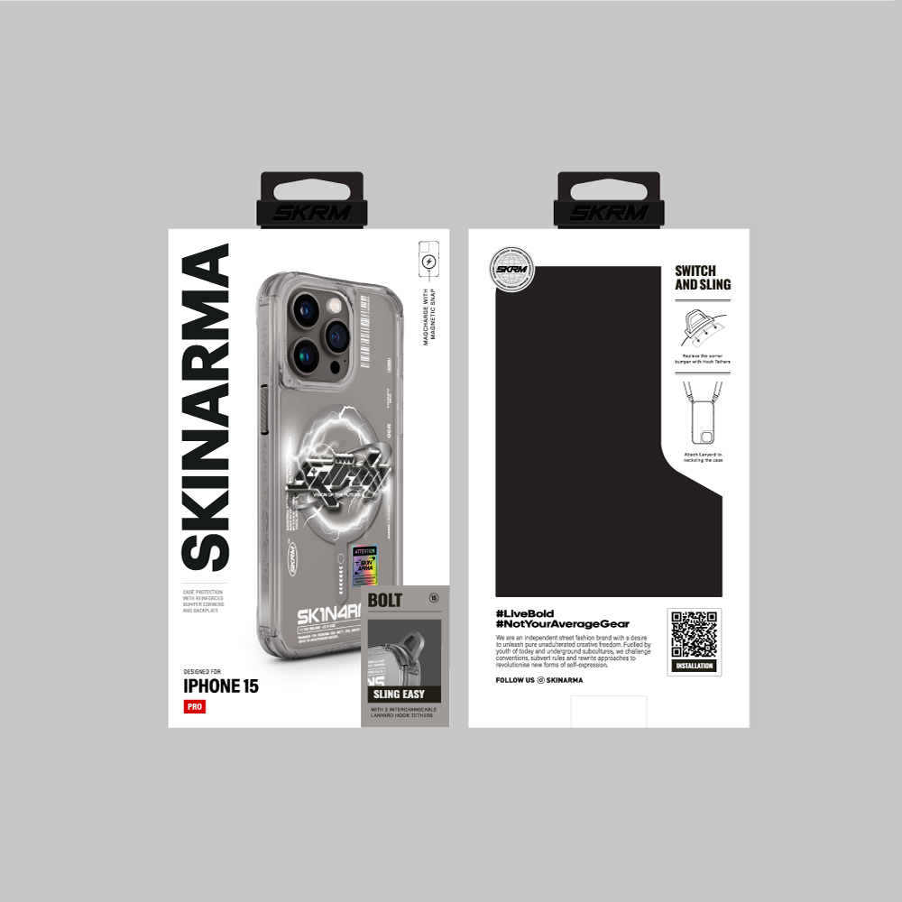 Apple iPhone 15 Pro Max Kılıf M-safe Şarj Özellikli Yazı Desenli SkinArma Bolt Kapak Gri