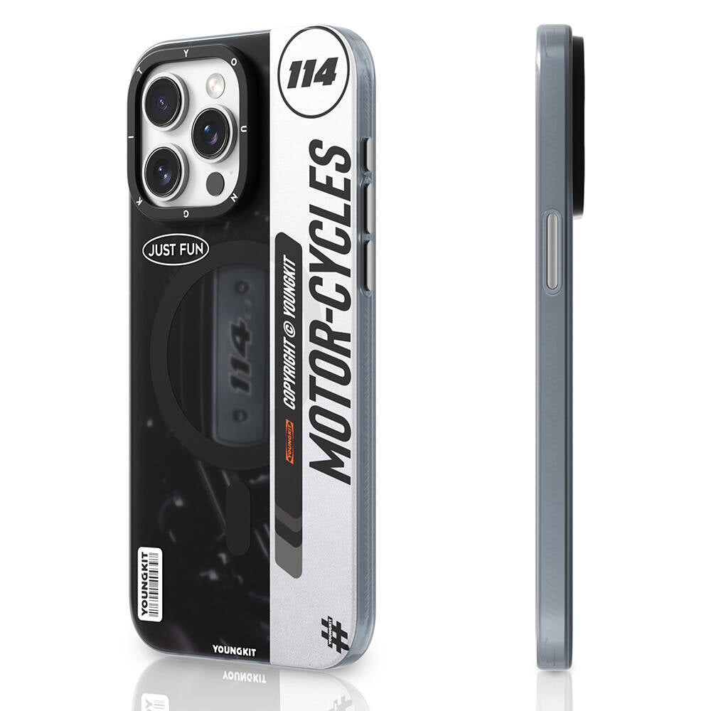 Apple iPhone 15 Pro Max Kılıf M-safe Şarj Özellikli Youngkit Motorcycle Legend Serisi Kapak Siyah