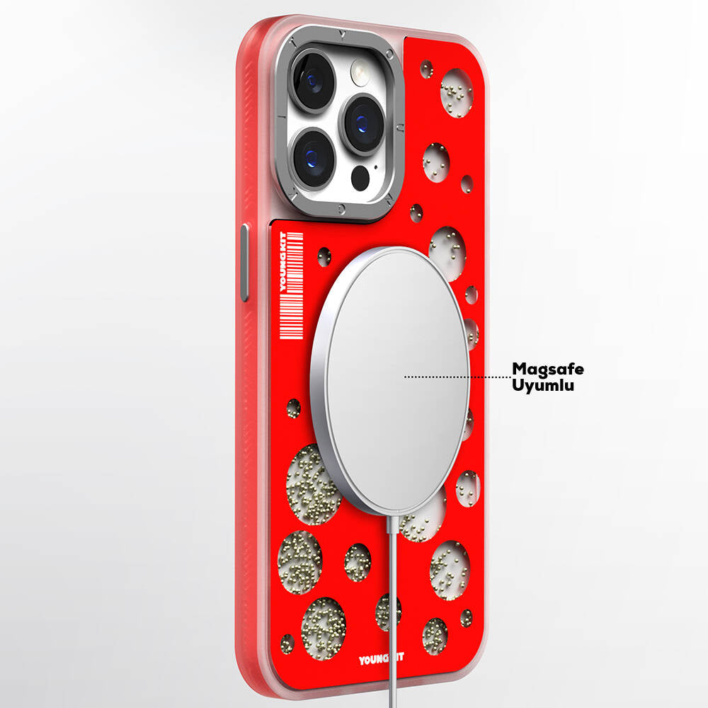 Apple iPhone 15 Pro Max Kılıf M-safe Şarj Özellikli Youngkit Quicksand Beads Serisi Kapak Beyaz