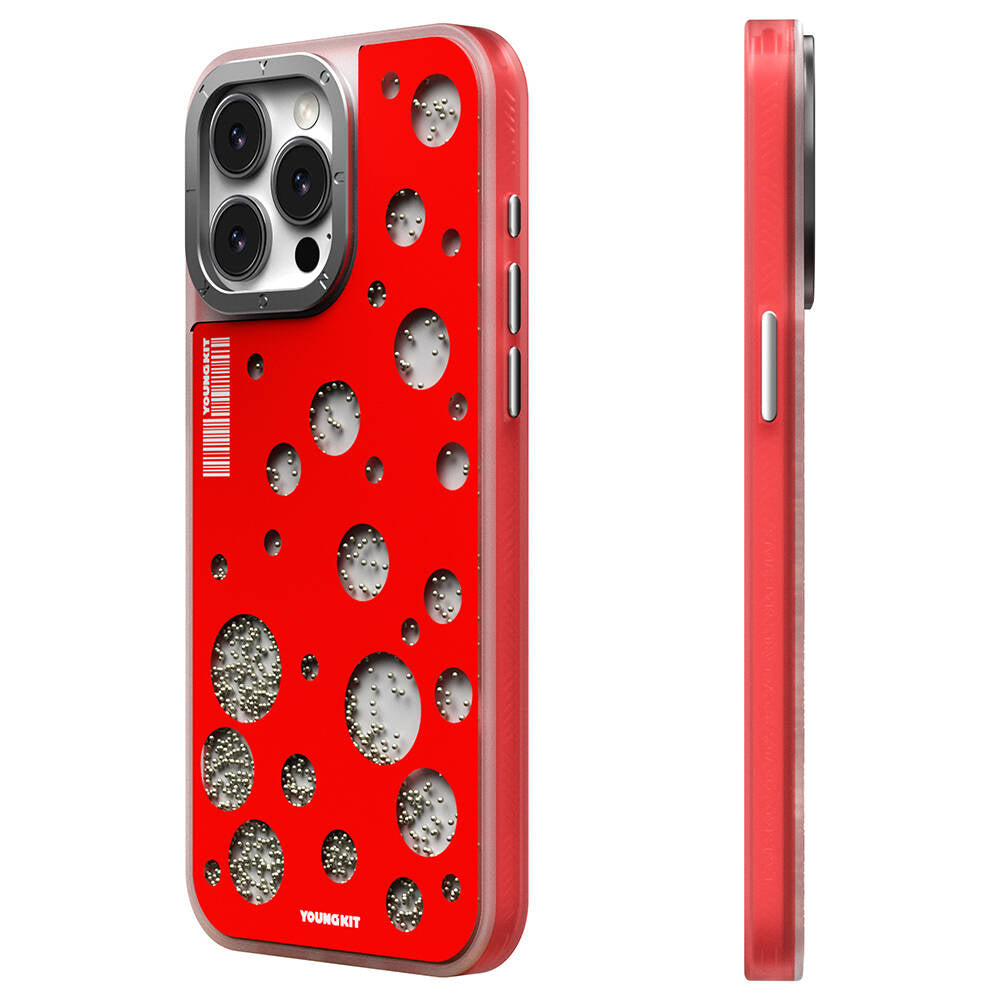 Apple iPhone 15 Pro Max Kılıf M-safe Şarj Özellikli Youngkit Quicksand Beads Serisi Kapak Kırmızı