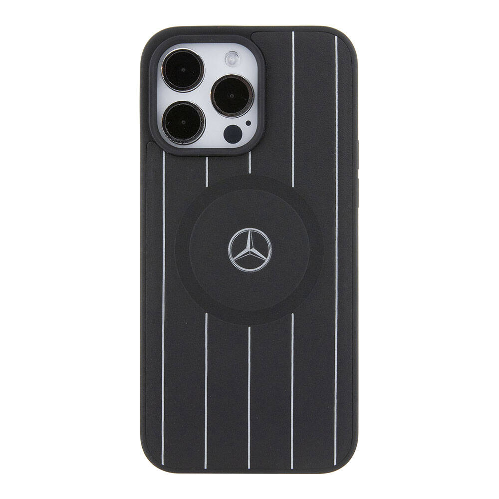 Apple iPhone 15 Pro Max Kılıf Mercedes Benz Orjinal Lisanslı M-safe Şarj Özellikli Baskı Logolu Paralel Çizgi Desenli Deri Kapak Siyah