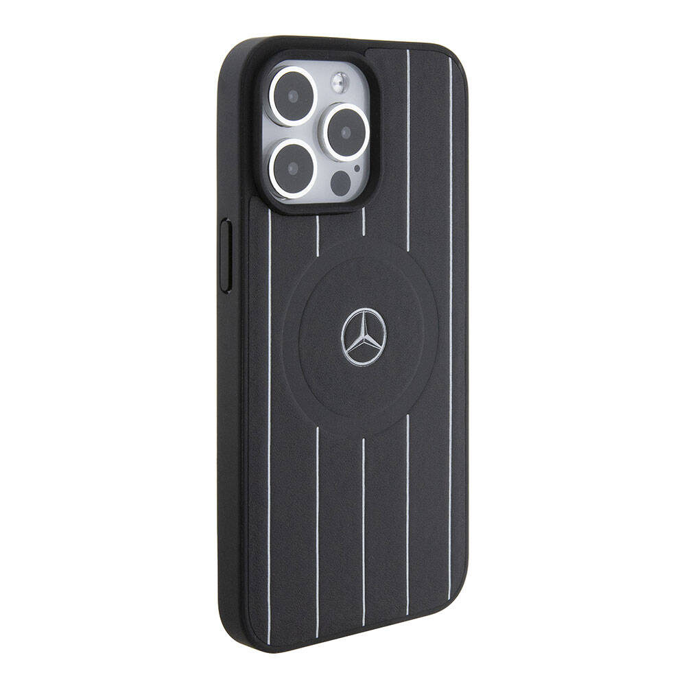 Apple iPhone 15 Pro Max Kılıf Mercedes Benz Orjinal Lisanslı M-safe Şarj Özellikli Baskı Logolu Paralel Çizgi Desenli Deri Kapak Siyah