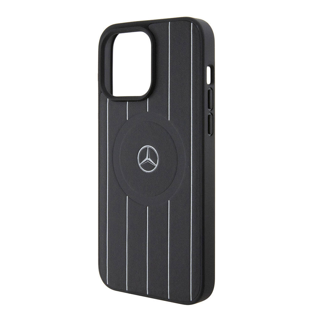 Apple iPhone 15 Pro Max Kılıf Mercedes Benz Orjinal Lisanslı M-safe Şarj Özellikli Baskı Logolu Paralel Çizgi Desenli Deri Kapak Siyah