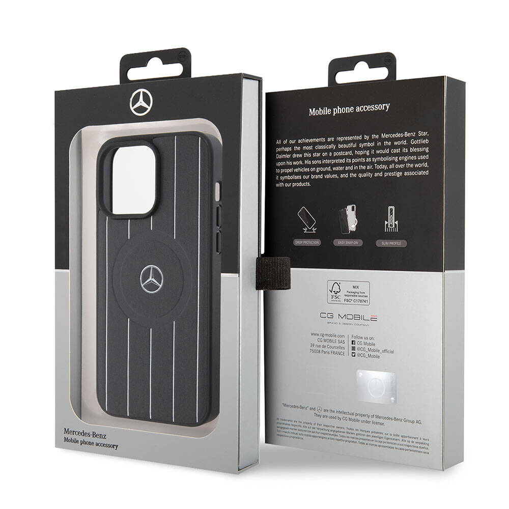 Apple iPhone 15 Pro Max Kılıf Mercedes Benz Orjinal Lisanslı M-safe Şarj Özellikli Baskı Logolu Paralel Çizgi Desenli Deri Kapak Siyah
