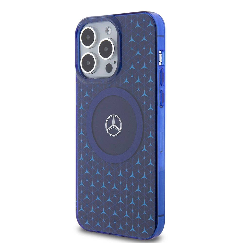 Apple iPhone 15 Pro Max Kılıf Mercedes Benz Orjinal Lisanslı M-safe Şarj Özellikli Çift Katmanlı Mini Yıldız Desenli Kapak Mavi