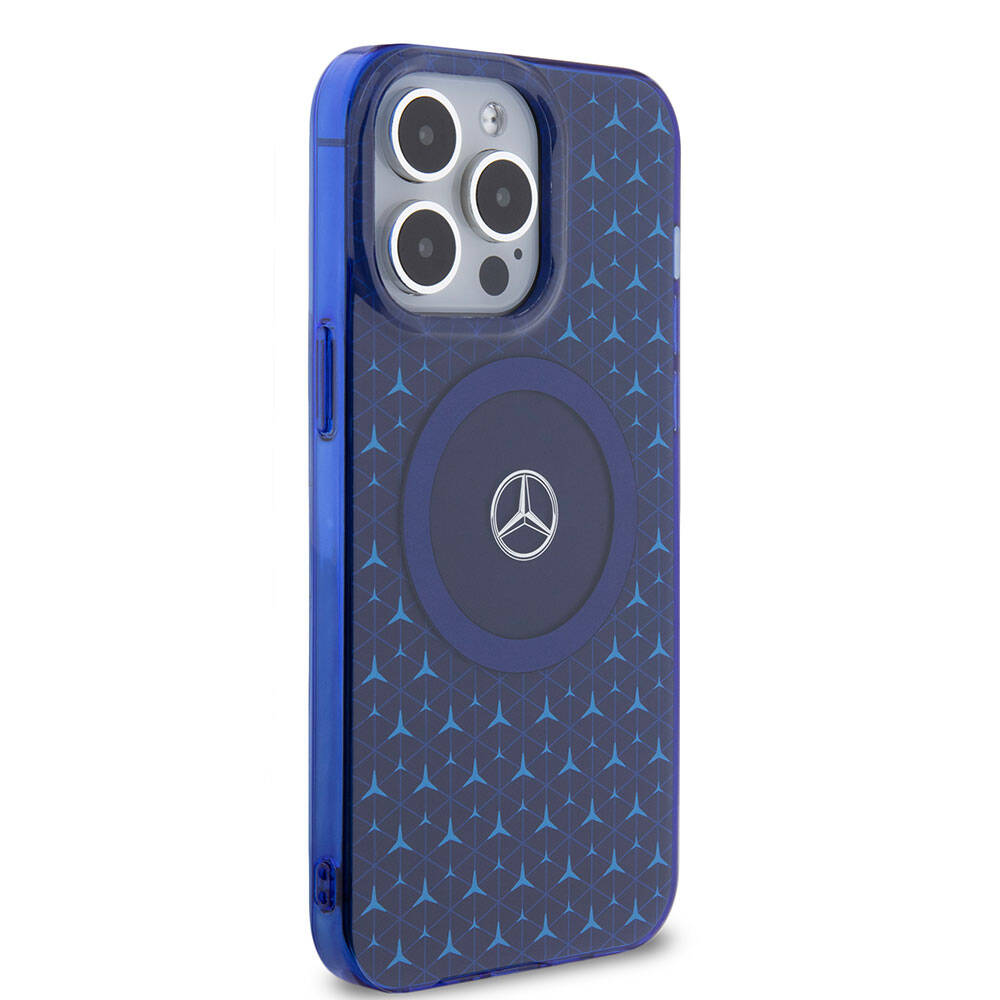 Apple iPhone 15 Pro Max Kılıf Mercedes Benz Orjinal Lisanslı M-safe Şarj Özellikli Çift Katmanlı Mini Yıldız Desenli Kapak Mavi