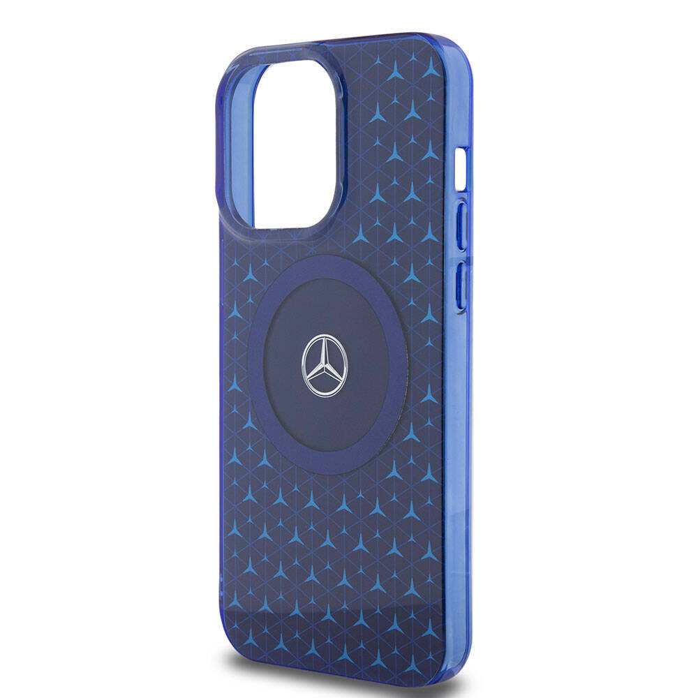 Apple iPhone 15 Pro Max Kılıf Mercedes Benz Orjinal Lisanslı M-safe Şarj Özellikli Çift Katmanlı Mini Yıldız Desenli Kapak Mavi