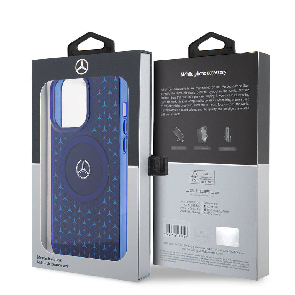 Apple iPhone 15 Pro Max Kılıf Mercedes Benz Orjinal Lisanslı M-safe Şarj Özellikli Çift Katmanlı Mini Yıldız Desenli Kapak Mavi