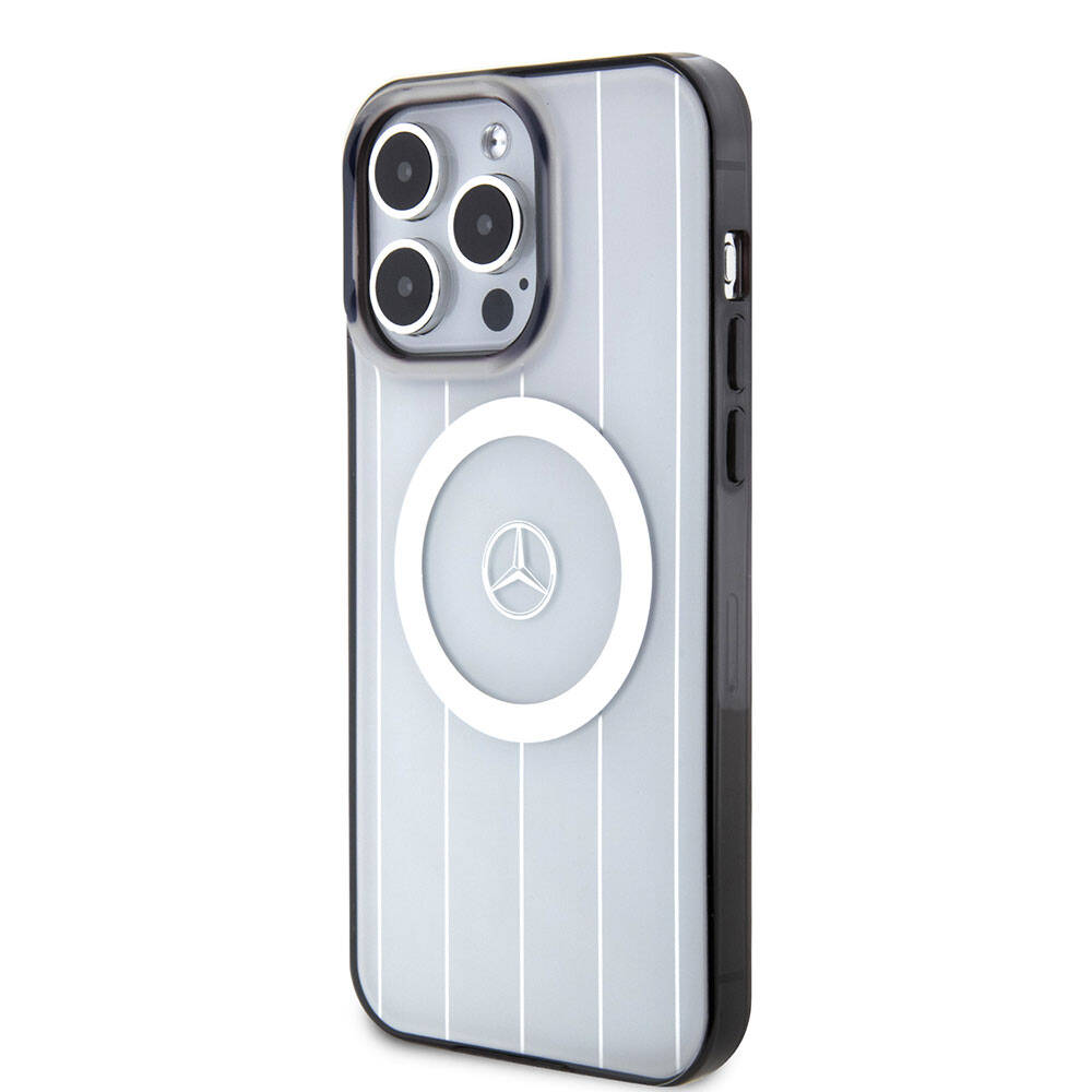 Apple iPhone 15 Pro Max Kılıf Mercedes Benz Orjinal Lisanslı M-safe Şarj Özellikli Çift Katmanlı Paralel Çizgi Desenli Kapak Beyaz