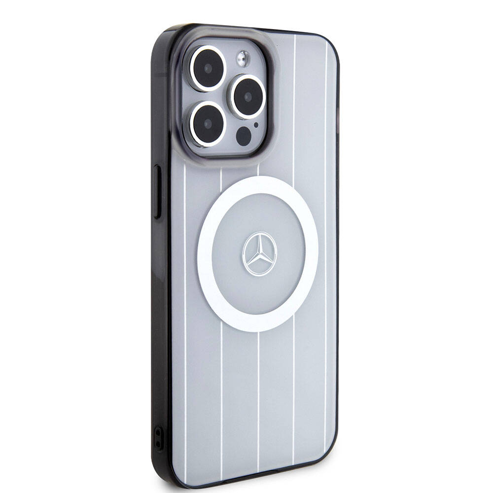 Apple iPhone 15 Pro Max Kılıf Mercedes Benz Orjinal Lisanslı M-safe Şarj Özellikli Çift Katmanlı Paralel Çizgi Desenli Kapak Beyaz