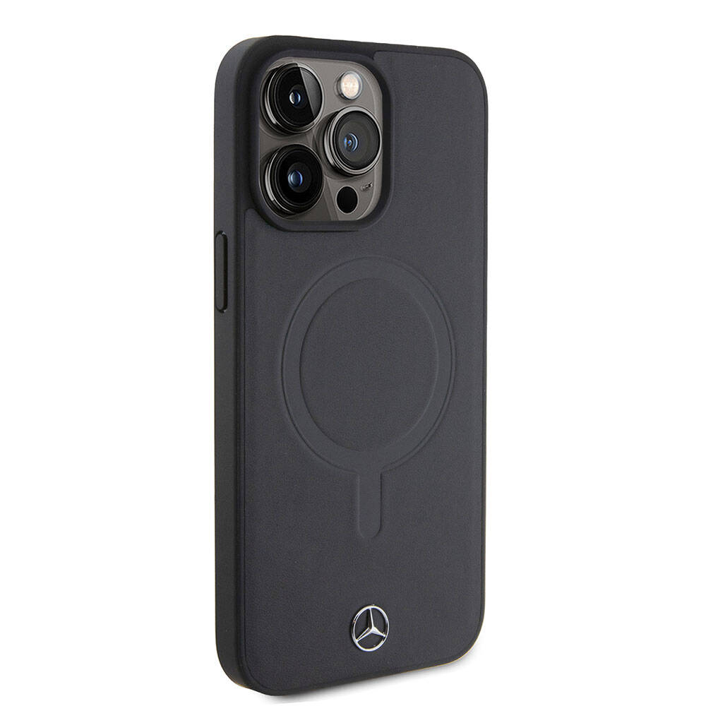 Apple iPhone 15 Pro Max Kılıf Mercedes Benz Orjinal Lisanslı M-safe Şarj Özellikli Metal Yıldız Logolu Pürüzsüz Deri Kapak Lacivert