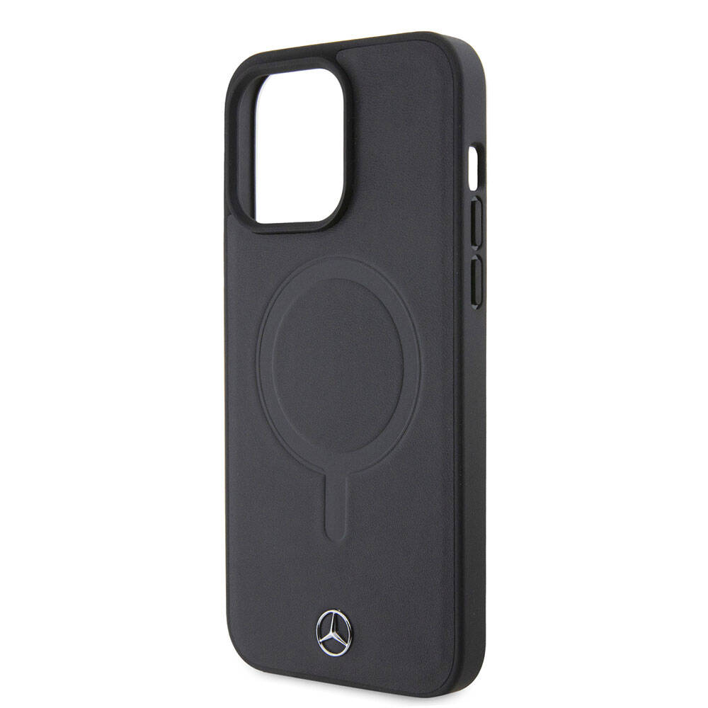 Apple iPhone 15 Pro Max Kılıf Mercedes Benz Orjinal Lisanslı M-safe Şarj Özellikli Metal Yıldız Logolu Pürüzsüz Deri Kapak Lacivert
