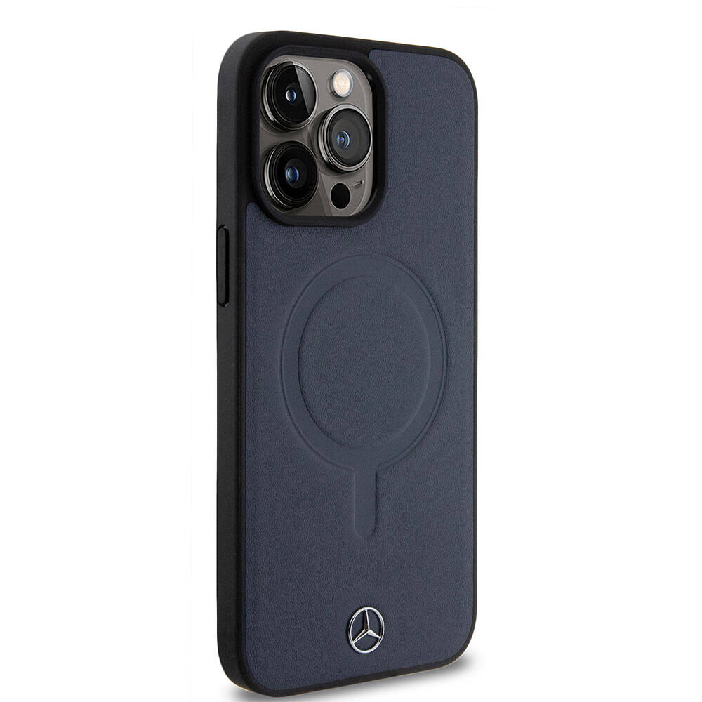 Apple iPhone 15 Pro Max Kılıf Mercedes Benz Orjinal Lisanslı M-safe Şarj Özellikli Metal Yıldız Logolu Pürüzsüz Deri Kapak Lacivert