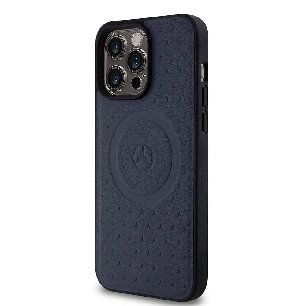 Apple iPhone 15 Pro Max Kılıf Mercedes Benz Orjinal Lisanslı M-safe Şarj Özellikli Mühürlü Yıldız Desenli ve Logolu Deri Kapak Siyah
