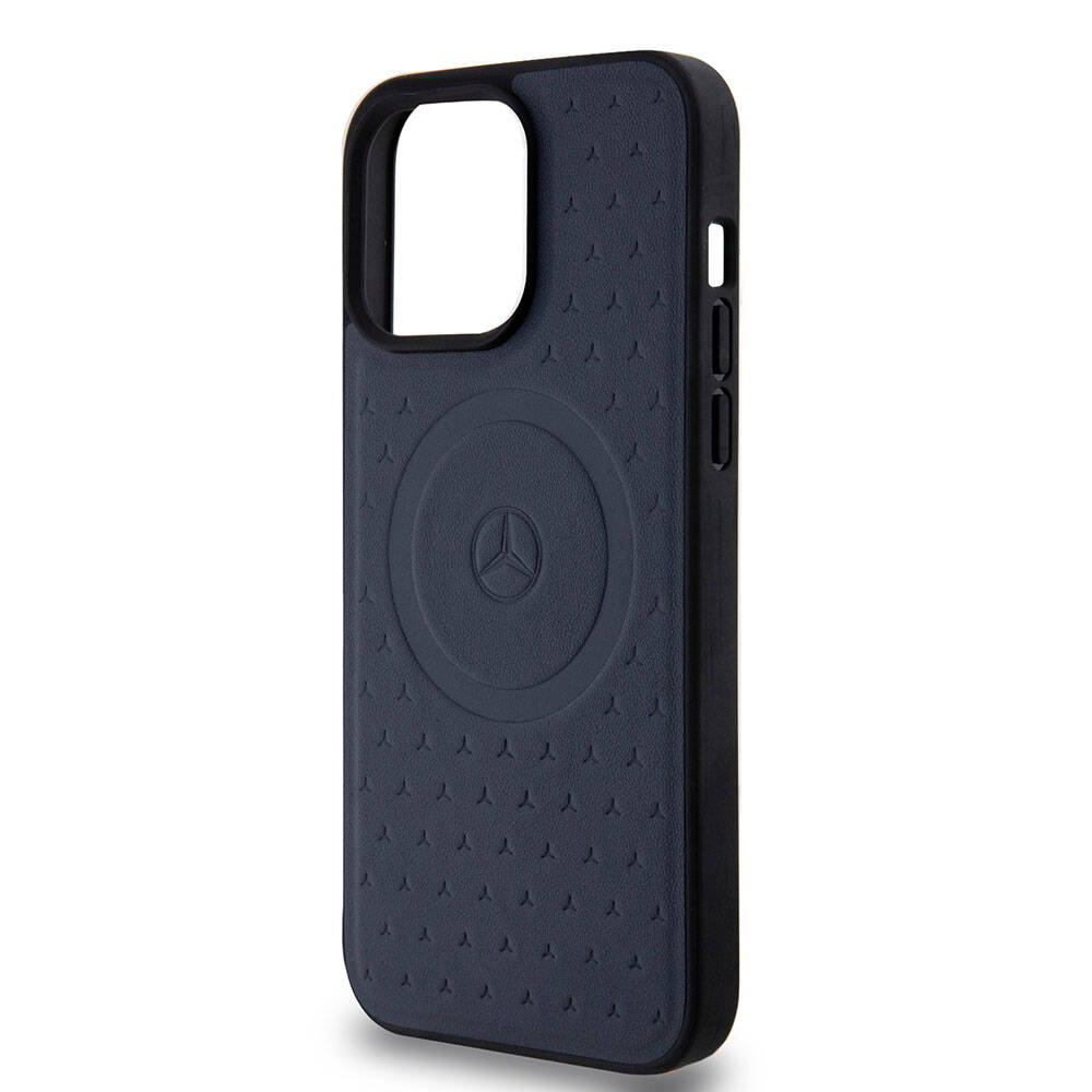 Apple iPhone 15 Pro Max Kılıf Mercedes Benz Orjinal Lisanslı M-safe Şarj Özellikli Mühürlü Yıldız Desenli ve Logolu Deri Kapak Siyah