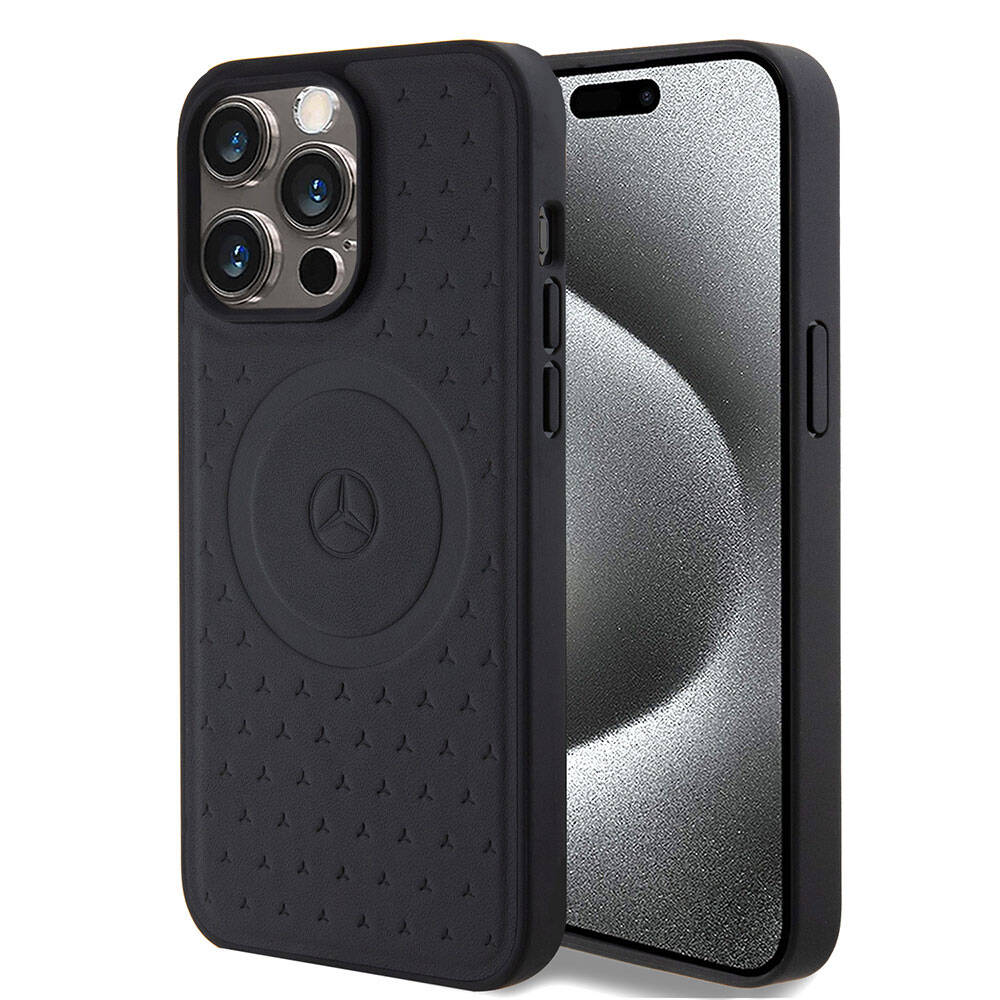 Apple iPhone 15 Pro Max Kılıf Mercedes Benz Orjinal Lisanslı M-safe Şarj Özellikli Mühürlü Yıldız Desenli ve Logolu Deri Kapak Siyah