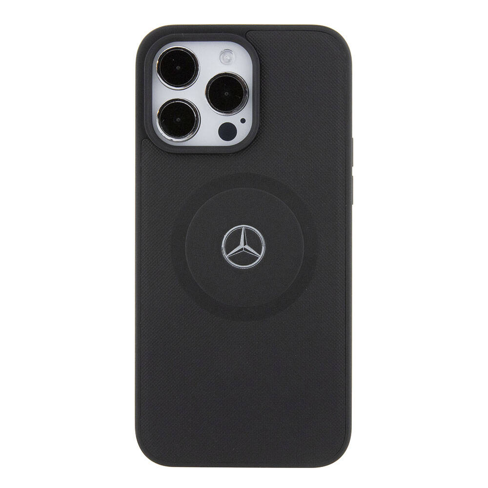 Apple iPhone 15 Pro Max Kılıf Mercedes Benz Orjinal Lisanslı M-safe Şarj Özellikli Pike Desenli Baskı Logolu Deri Kapak Siyah