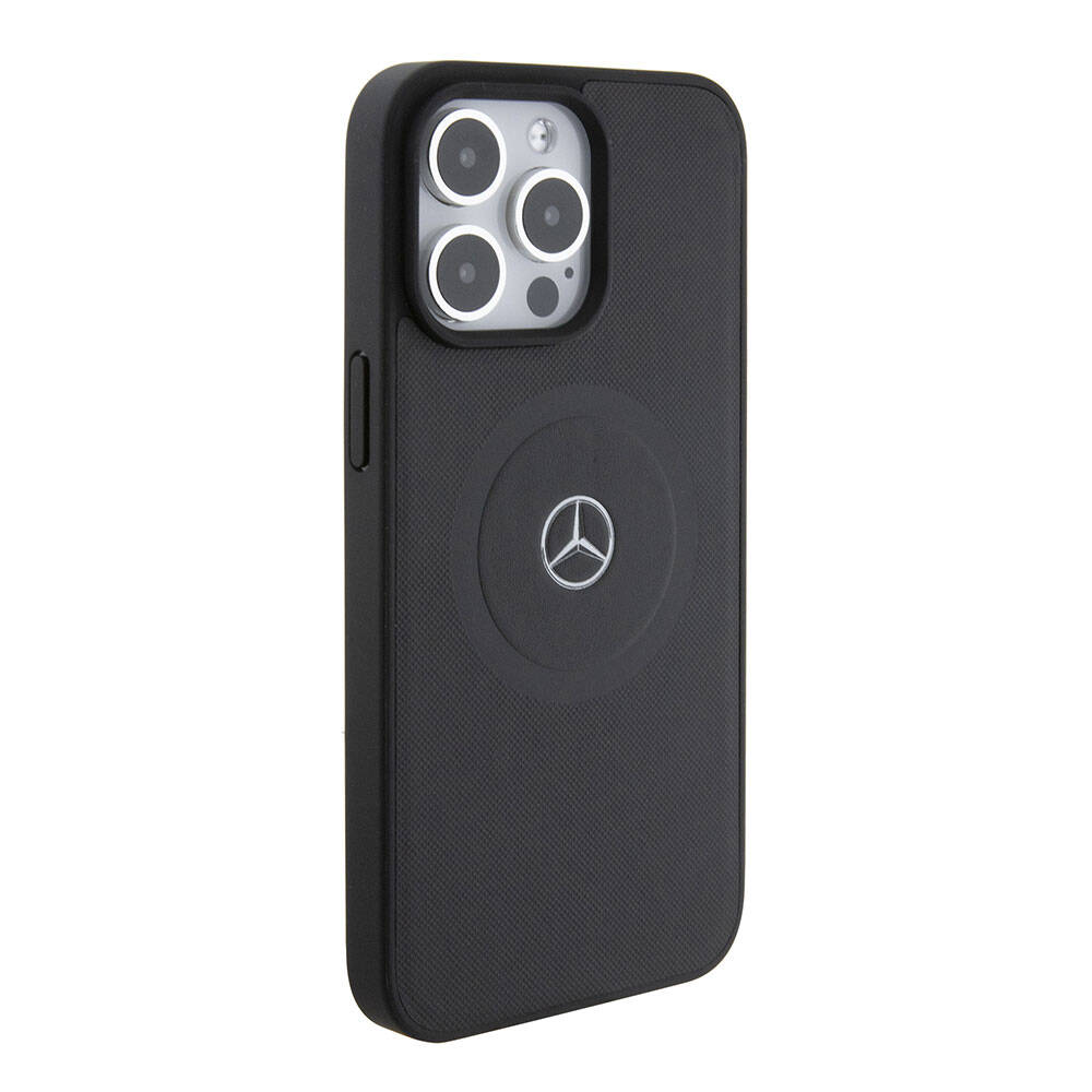 Apple iPhone 15 Pro Max Kılıf Mercedes Benz Orjinal Lisanslı M-safe Şarj Özellikli Pike Desenli Baskı Logolu Deri Kapak Siyah