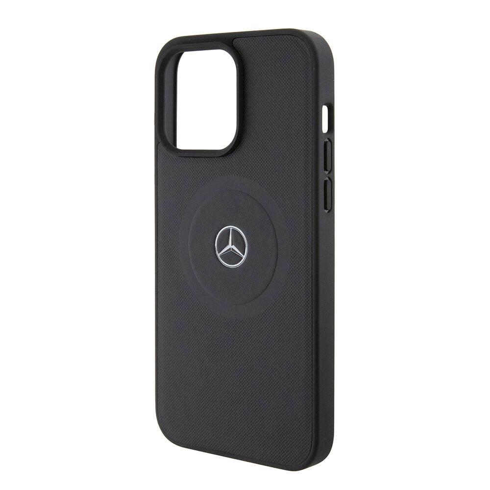Apple iPhone 15 Pro Max Kılıf Mercedes Benz Orjinal Lisanslı M-safe Şarj Özellikli Pike Desenli Baskı Logolu Deri Kapak Siyah