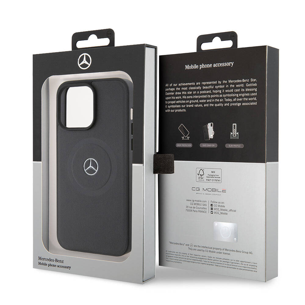 Apple iPhone 15 Pro Max Kılıf Mercedes Benz Orjinal Lisanslı M-safe Şarj Özellikli Pike Desenli Baskı Logolu Deri Kapak Siyah