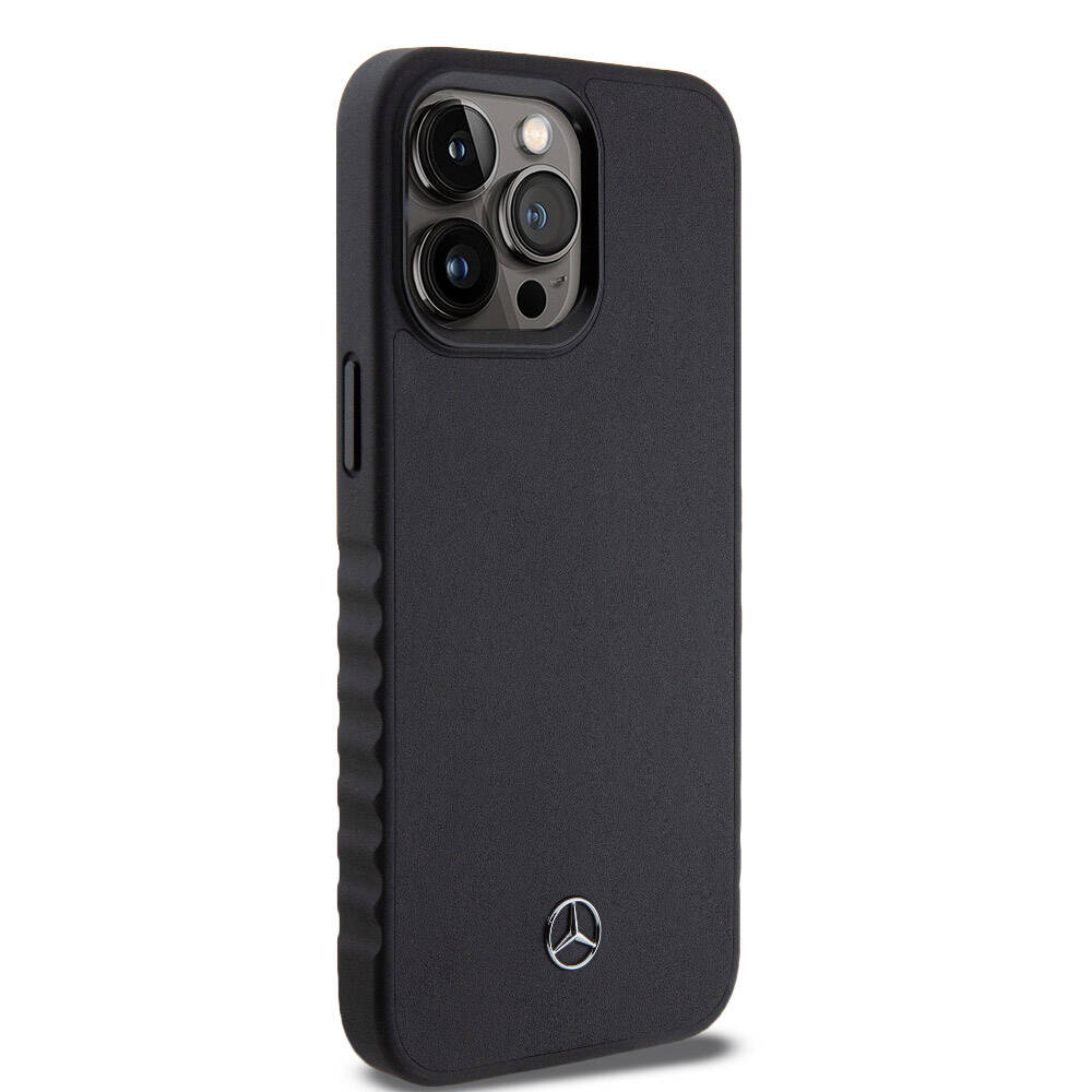 Apple iPhone 15 Pro Max Kılıf Mercedes Benz Orjinal Lisanslı Tırtıklı Kenar Tasarımlı Metal Yıldız Logolu Pürüzsüz Hakiki Deri Kapak Siyah