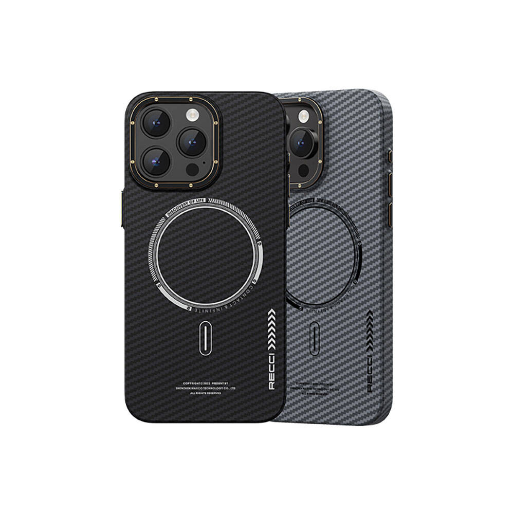 Apple iPhone 15 Pro Max Kılıf Recci Machinist Serisi M-safe Şarj Özellikli Magnetik Karbon Kapak Siyah