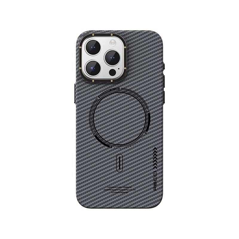 Apple iPhone 15 Pro Max Kılıf Recci Machinist Serisi M-safe Şarj Özellikli Magnetik Karbon Kapak Gri