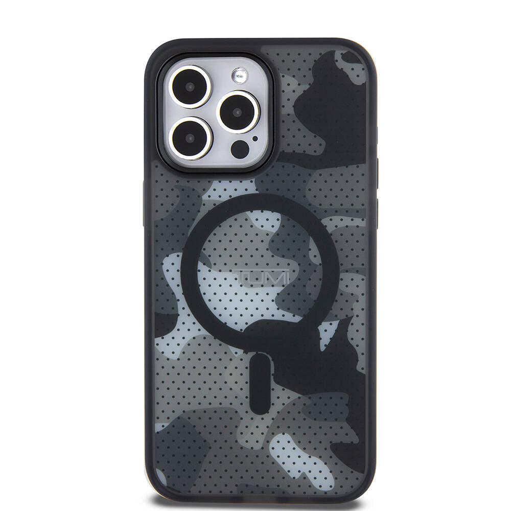Apple iPhone 15 Pro Max Kılıf TUMI Orjinal Lisanslı M-safe Şarj Özellikli Buzlanmış Saydam Ağ Kamuflajı Desenli Kapak Siyah