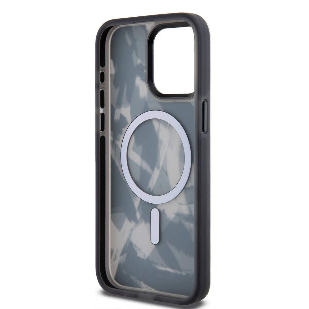 Apple iPhone 15 Pro Max Kılıf TUMI Orjinal Lisanslı M-safe Şarj Özellikli Buzlanmış Saydam Fırça Kamuflajı Desenli Kapak Siyah