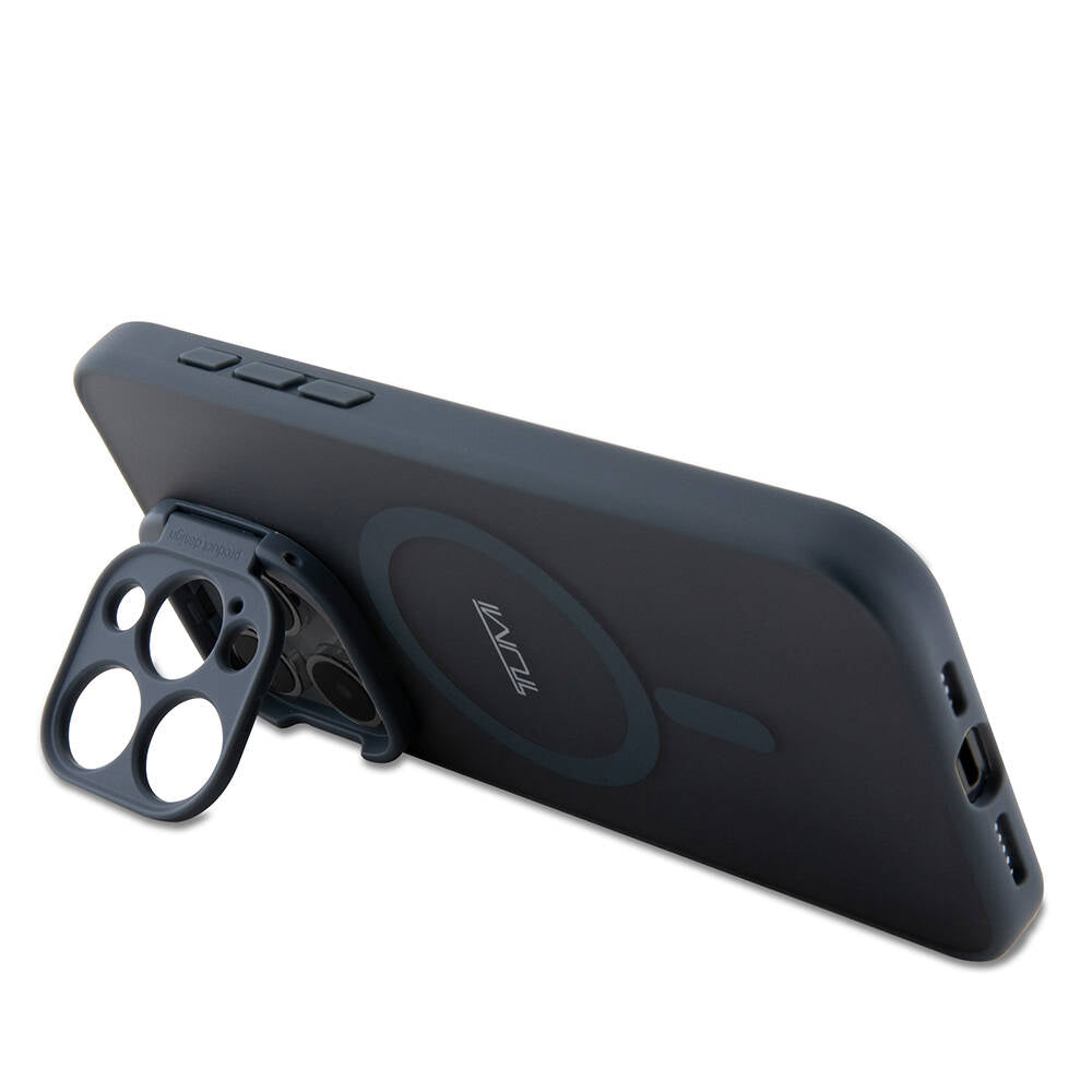 Apple iPhone 15 Pro Max Kılıf TUMI Orjinal Lisanslı M-safe Şarj Özellikli Kamera Standlı Buzlu Mat Kapak Mavi