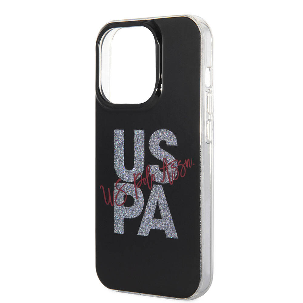 Apple iPhone 15 Pro Max Kılıf U.S. Polo Assn. Orjinal Lisanslı Simli Parlak Alfabe Tasarım Kapak Siyah