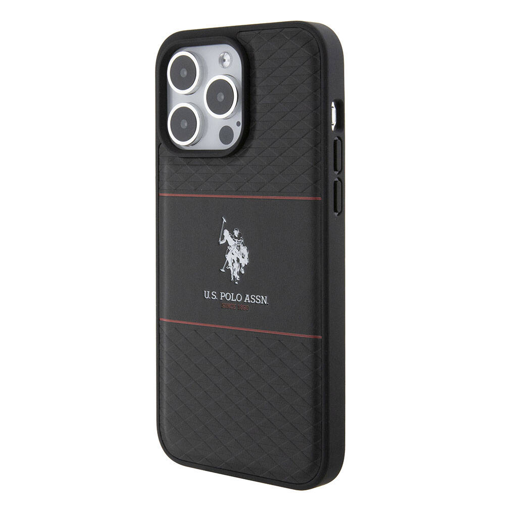 Apple iPhone 15 Pro Max Kılıf U.S. Polo Assn. Orjinal Lisanslı Deri Şeritli Logo Dizayn Kapak Siyah