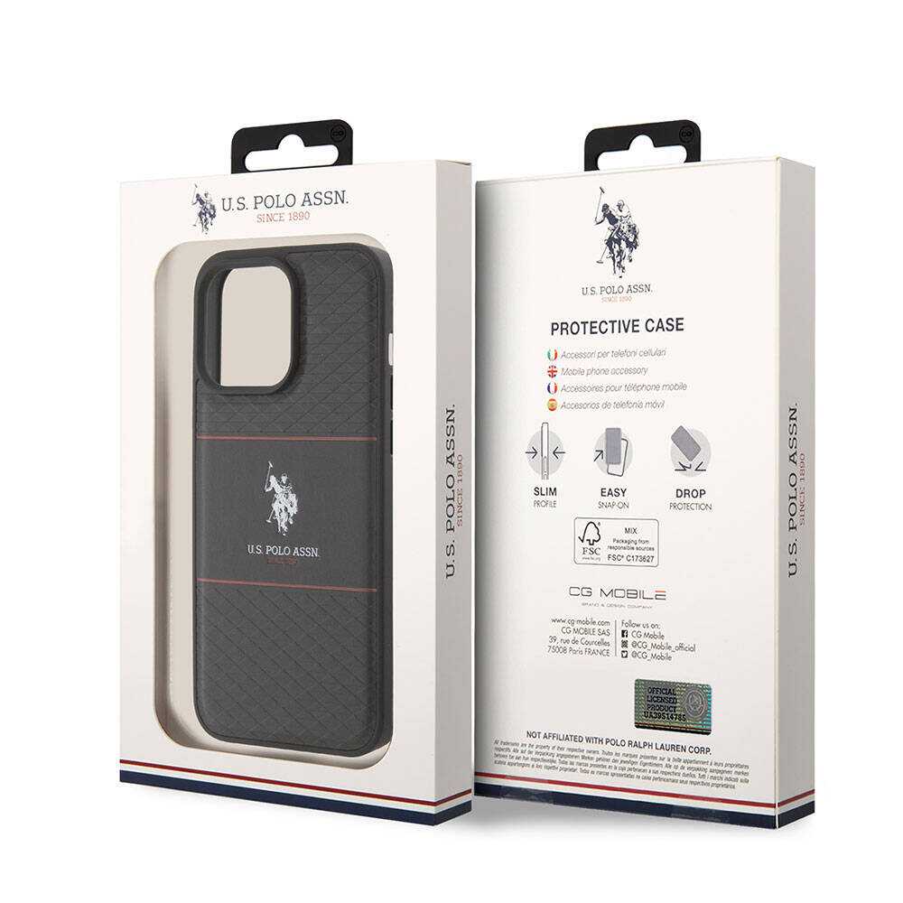 Apple iPhone 15 Pro Max Kılıf U.S. Polo Assn. Orjinal Lisanslı Deri Şeritli Logo Dizayn Kapak Siyah