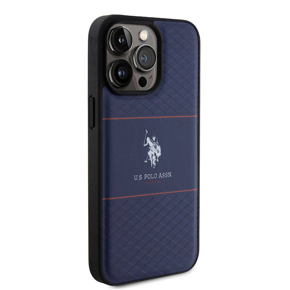 Apple iPhone 15 Pro Max Kılıf U.S. Polo Assn. Orjinal Lisanslı Deri Şeritli Logo Dizayn Kapak Lacivert