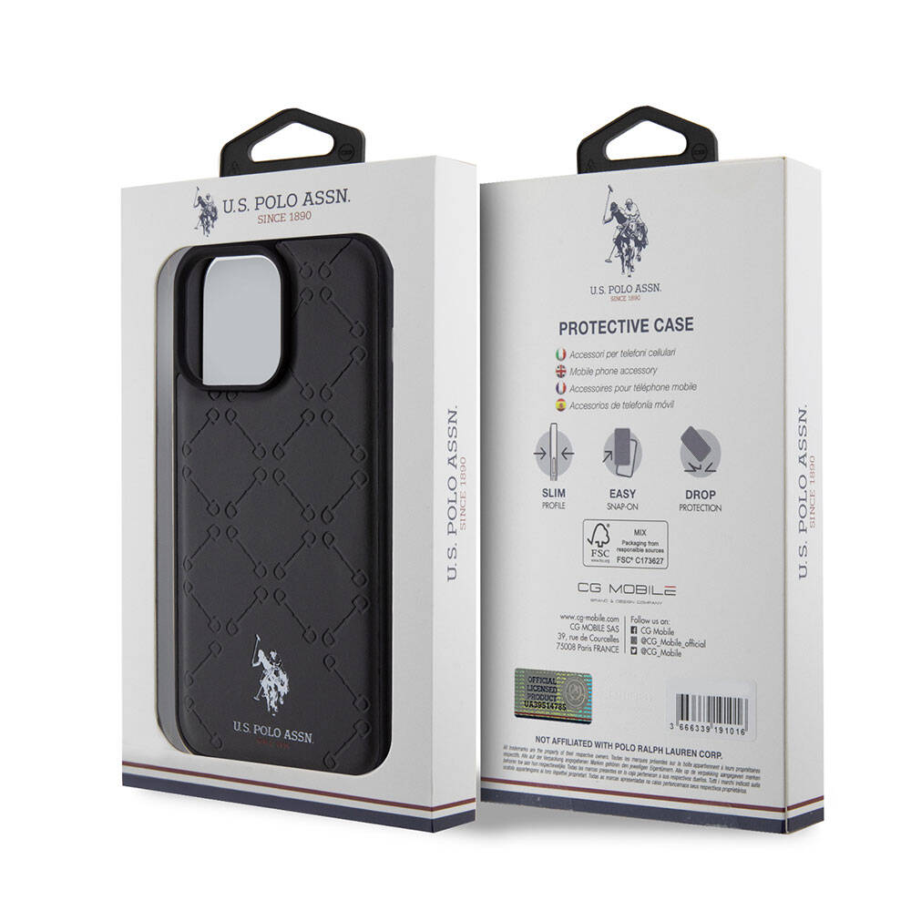 Apple iPhone 15 Pro Max Kılıf U.S. Polo Assn. Orjinal Lisanslı HS Desenli Baskı Logolu Suni Deri Kapak Siyah