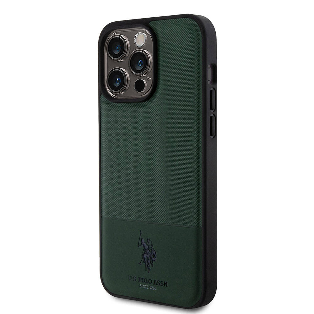 Apple iPhone 15 Pro Max Kılıf U.S. Polo Assn. Orjinal Lisanslı Suni Deri Arka Yüzey Baskı Logolu Örgü Desenli Kapak Yeşil