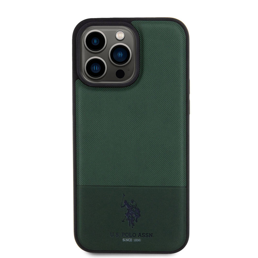 Apple iPhone 15 Pro Max Kılıf U.S. Polo Assn. Orjinal Lisanslı Suni Deri Arka Yüzey Baskı Logolu Örgü Desenli Kapak Yeşil