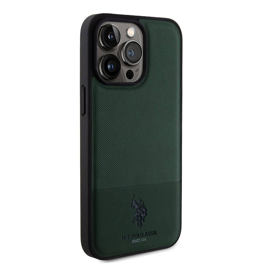 Apple iPhone 15 Pro Max Kılıf U.S. Polo Assn. Orjinal Lisanslı Suni Deri Arka Yüzey Baskı Logolu Örgü Desenli Kapak Yeşil