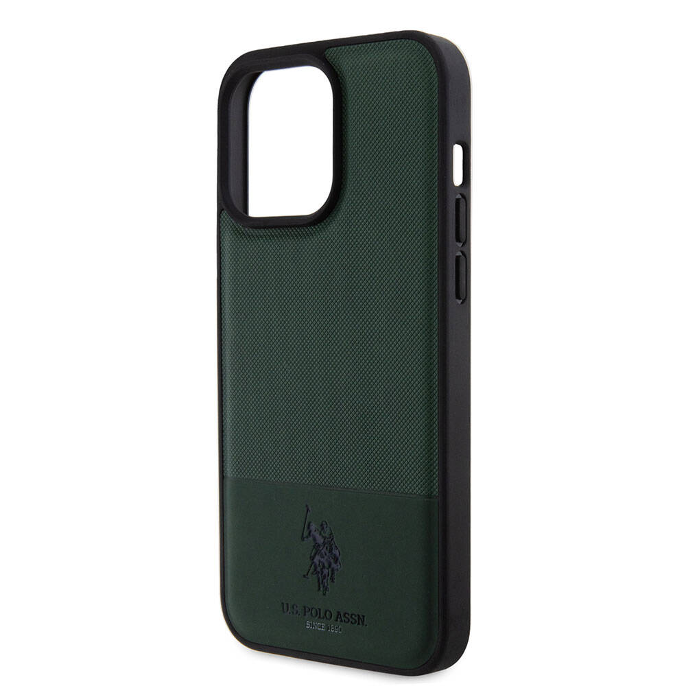 Apple iPhone 15 Pro Max Kılıf U.S. Polo Assn. Orjinal Lisanslı Suni Deri Arka Yüzey Baskı Logolu Örgü Desenli Kapak Yeşil