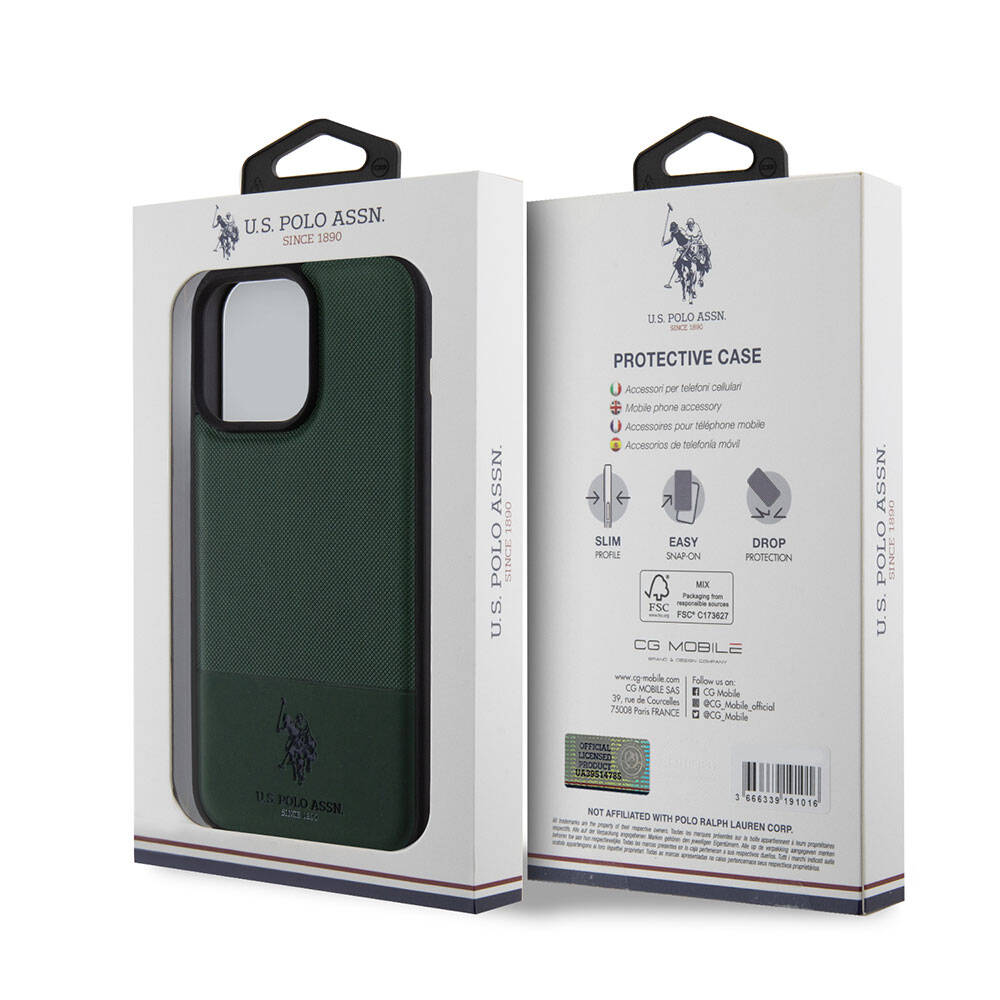 Apple iPhone 15 Pro Max Kılıf U.S. Polo Assn. Orjinal Lisanslı Suni Deri Arka Yüzey Baskı Logolu Örgü Desenli Kapak Yeşil
