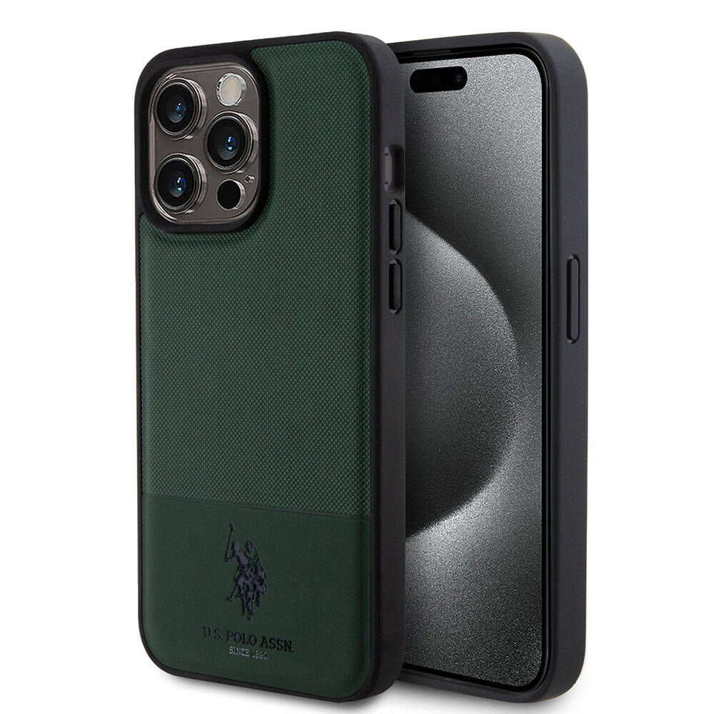 Apple iPhone 15 Pro Max Kılıf U.S. Polo Assn. Orjinal Lisanslı Suni Deri Arka Yüzey Baskı Logolu Örgü Desenli Kapak Yeşil