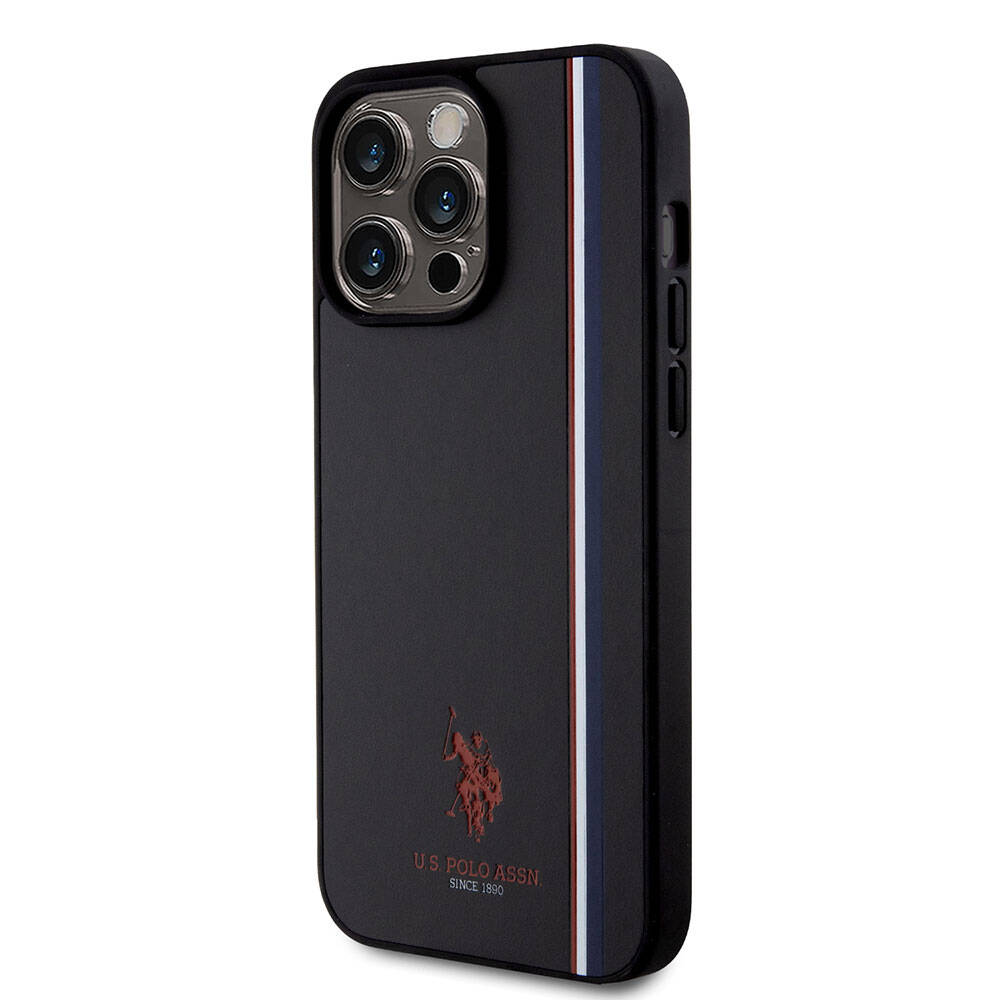 Apple iPhone 15 Pro Max Kılıf U.S. Polo Assn. Orjinal Lisanslı Üç Renk Şerit Tasarımlı Baskı Logolu Kapak Siyah