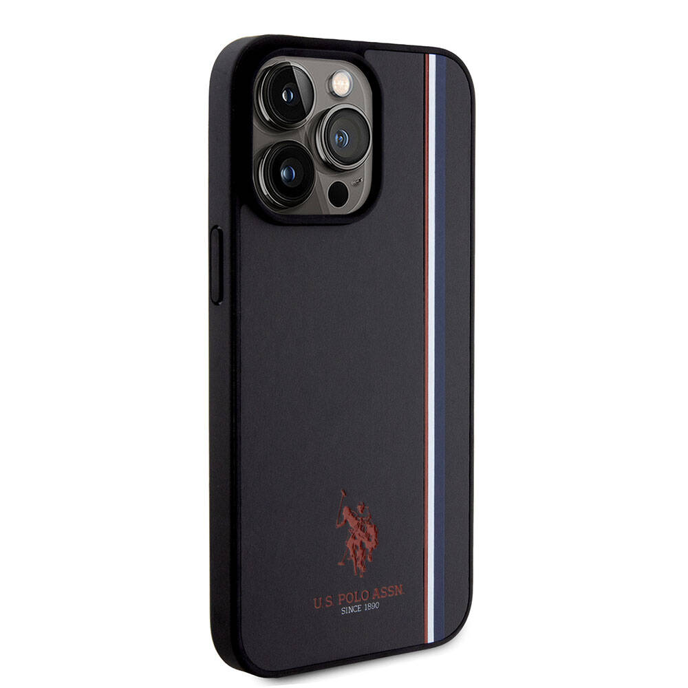 Apple iPhone 15 Pro Max Kılıf U.S. Polo Assn. Orjinal Lisanslı Üç Renk Şerit Tasarımlı Baskı Logolu Kapak Lacivert